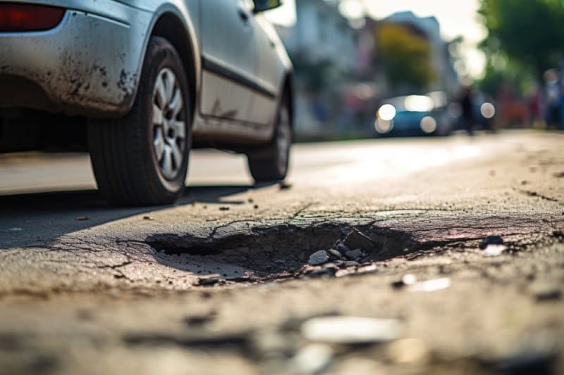 Asphalt street with major pothole as a result of heavy traffic.