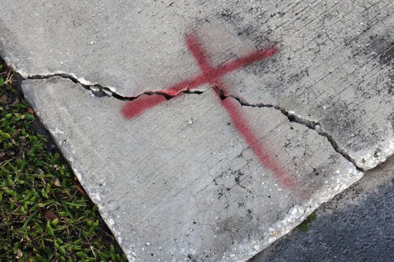 Concrete sidewalk marked with red "X" for repair.